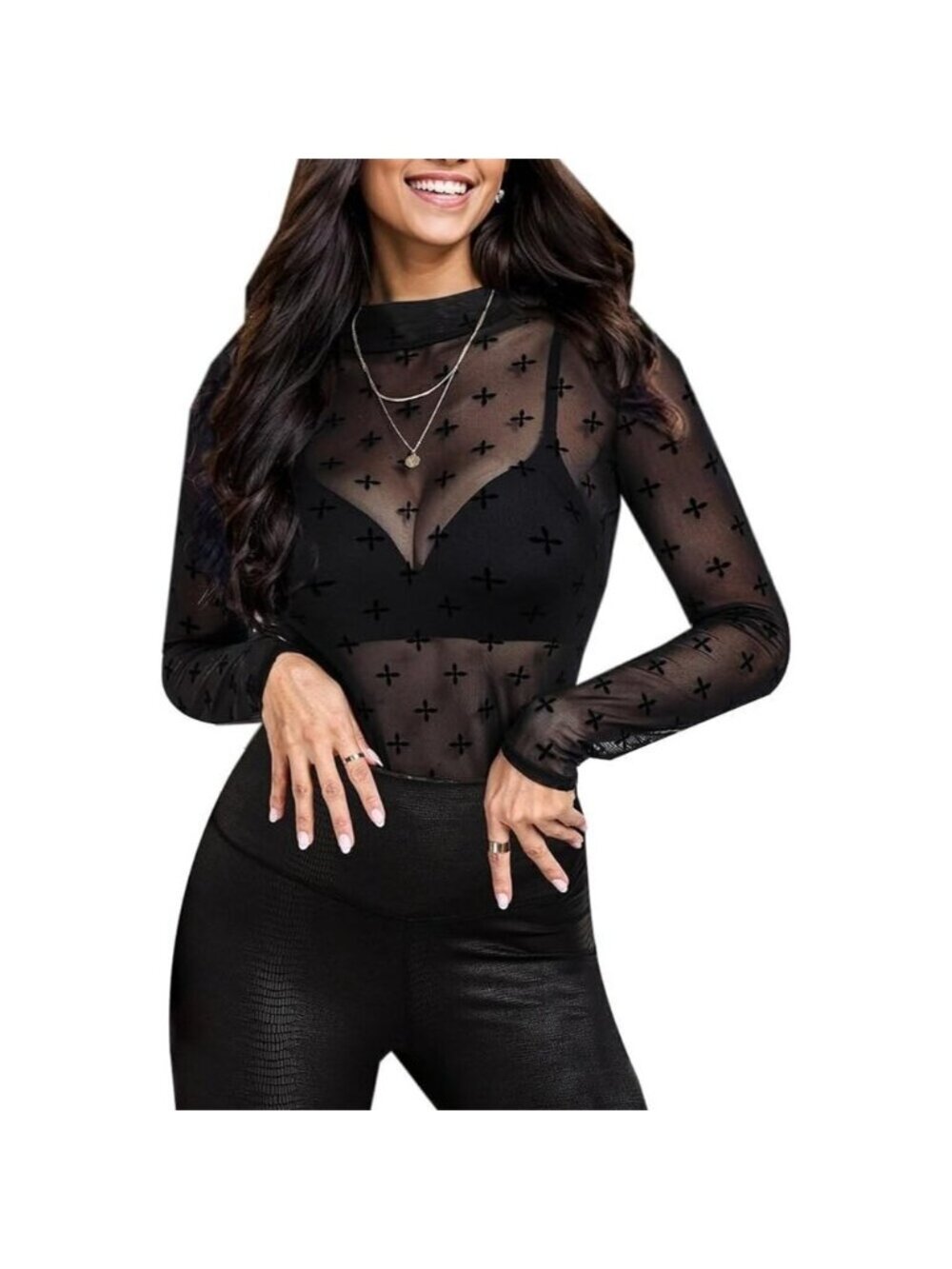 Women Pat7 Long Sleeve Mock Neck Fitted Sexy See Through Going Out Mesh Tops